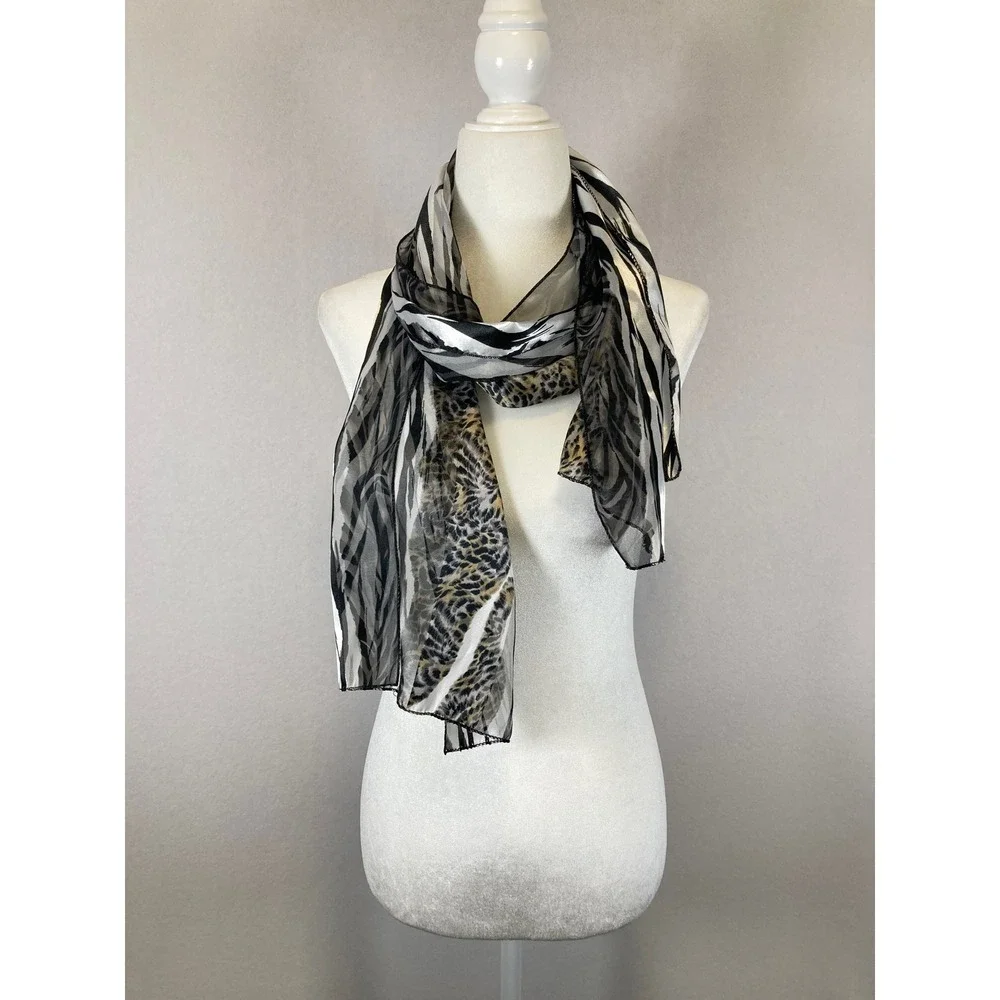 Safari Chic Women OS Black Tan‎ Animal Print Mixed Zebra Leopard Scarf